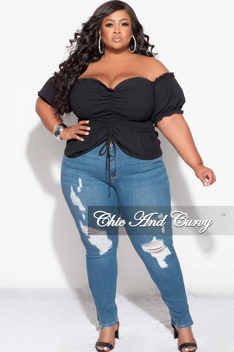 Slim Shape Distressed finish Final Sale Plus Size Off the Shoulder Frill Top with Middle Drawstring and Ruffle Bottom in Black