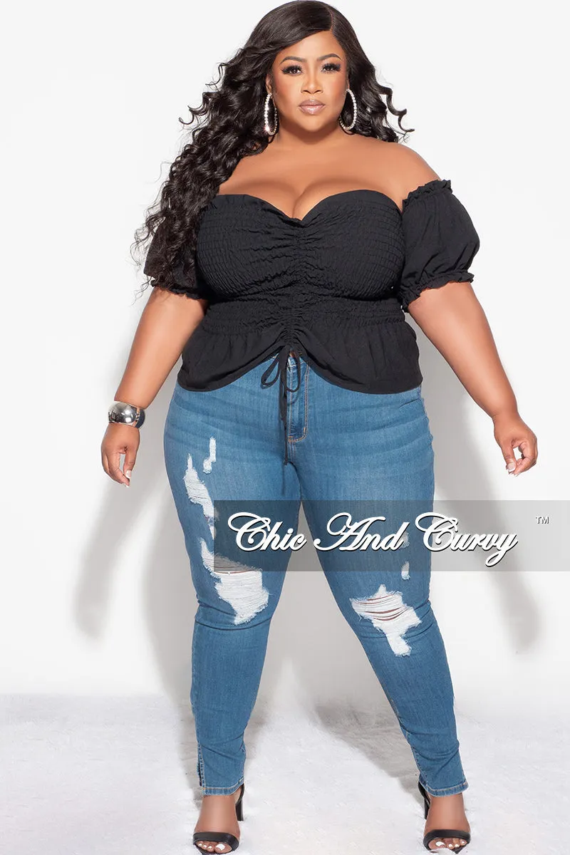 Final Sale Plus Size Off the Shoulder Frill Top with Middle Drawstring and Ruffle Bottom in Black TaglessComfort Recycled Polyester
