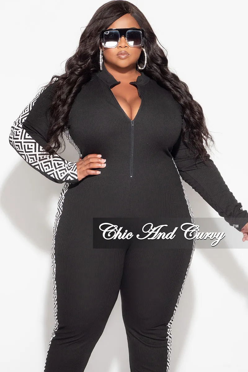 Final Sale Plus Size Knit Rib Zip Up Jumpsuit in Black with White and Black Design Print Durable Construction