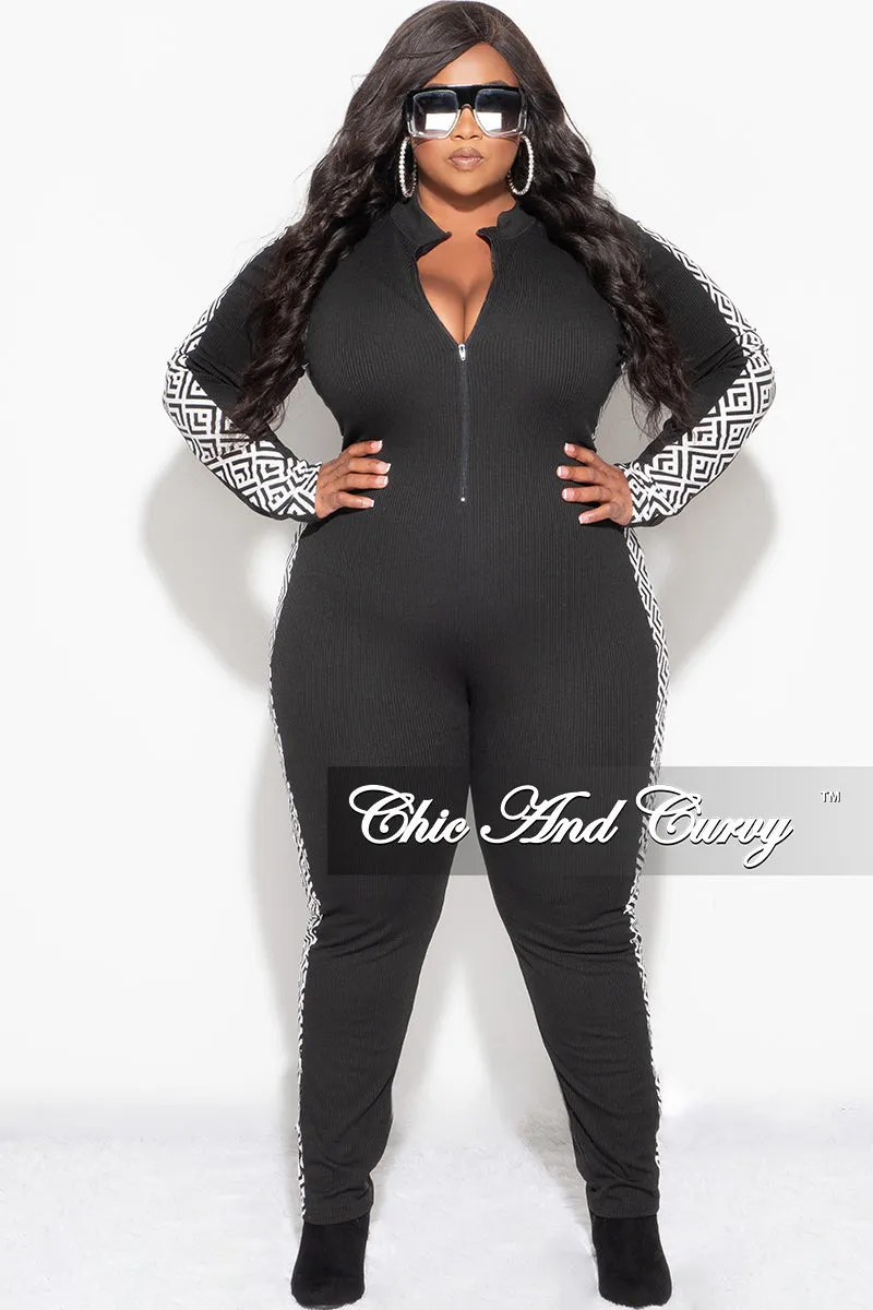 Casual Vibes RecycledMaterial Final Sale Plus Size Knit Rib Zip Up Jumpsuit in Black with White and Black Design Print