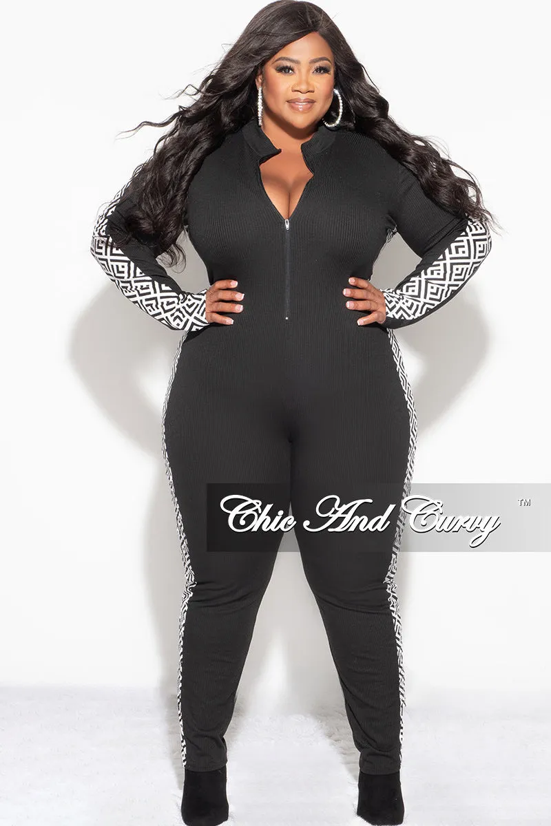 Final Sale Plus Size Knit Rib Zip Up Jumpsuit in Black with White and Black Design Print Essential Waist