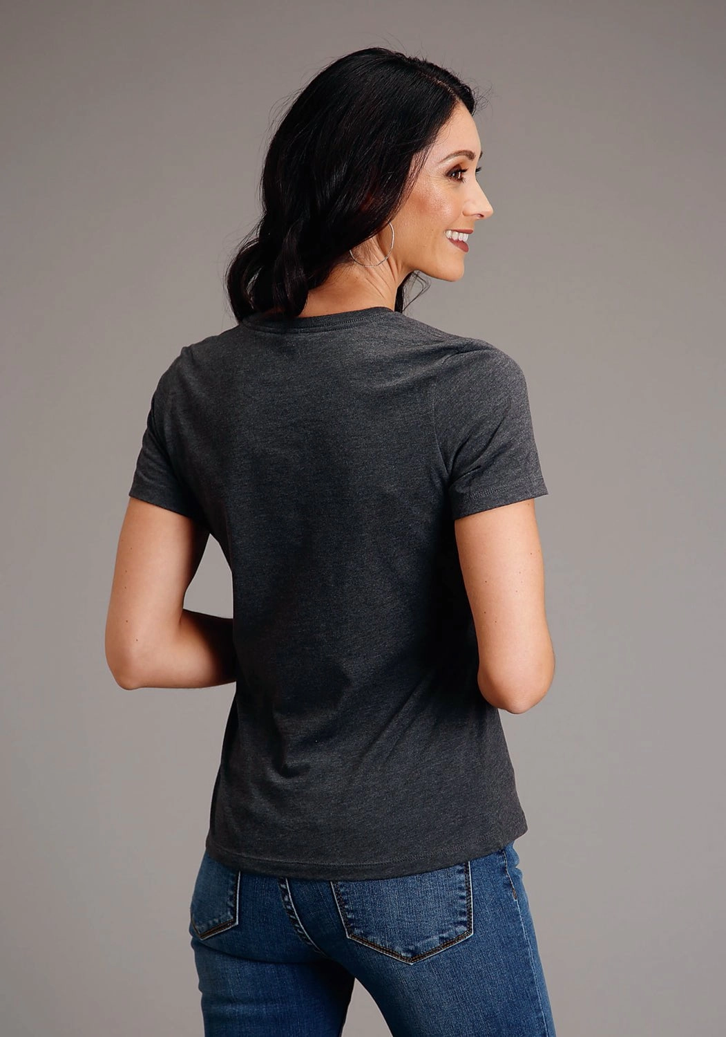 Stetson Womens Dark Grey Cotton Blend Sunset and Mountain S/S T-Shirt Abstract print High Density Weave