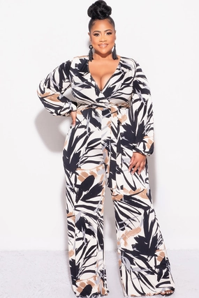 Final Sale Plus Size Ribbed Faux Wrap Tie Jumpsuit in Black Brown and Tan Design Print Relaxed Comfort Wear