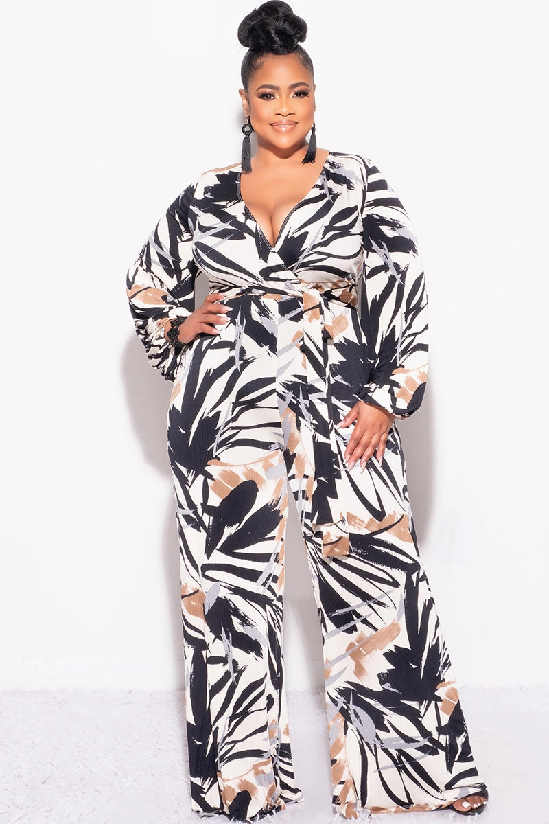 Final Sale Plus Size Ribbed Faux Wrap Tie Jumpsuit in Black Brown and Tan Design Print Low Bulk Material