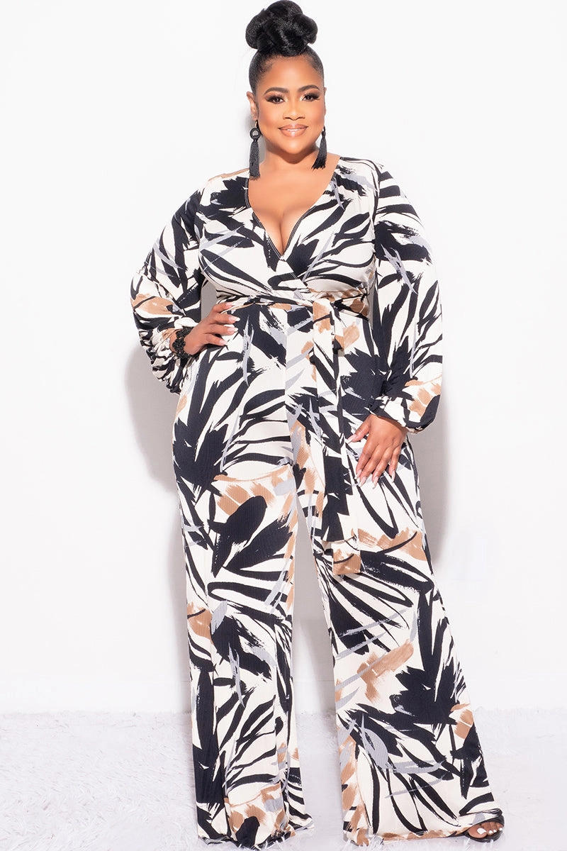 TouchscreenCompatiblePockets Final Sale Plus Size Ribbed Faux Wrap Tie Jumpsuit in Black Brown and Tan Design Print