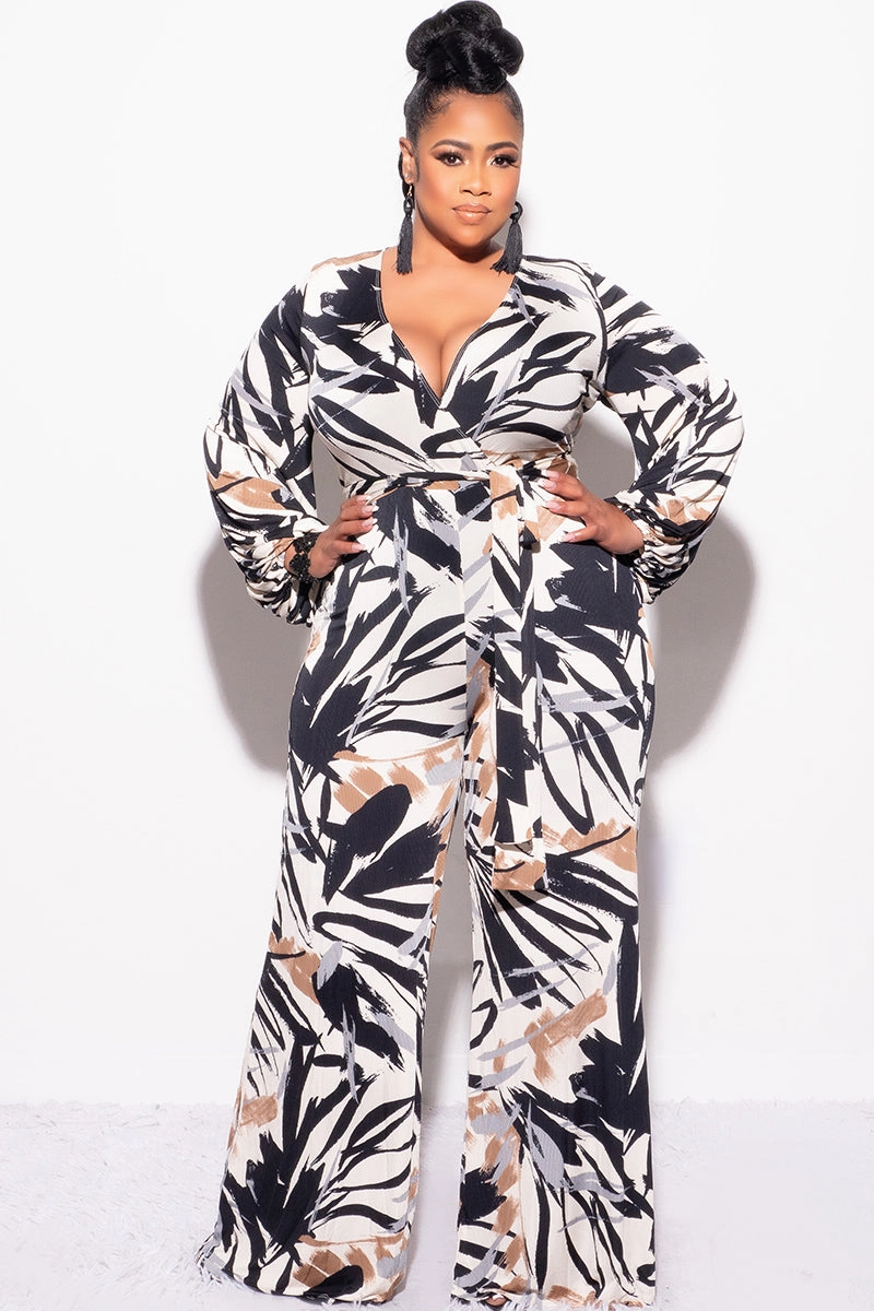 Final Sale Plus Size Ribbed Faux Wrap Tie Jumpsuit in Black Brown and Tan Design Print All Season Wear