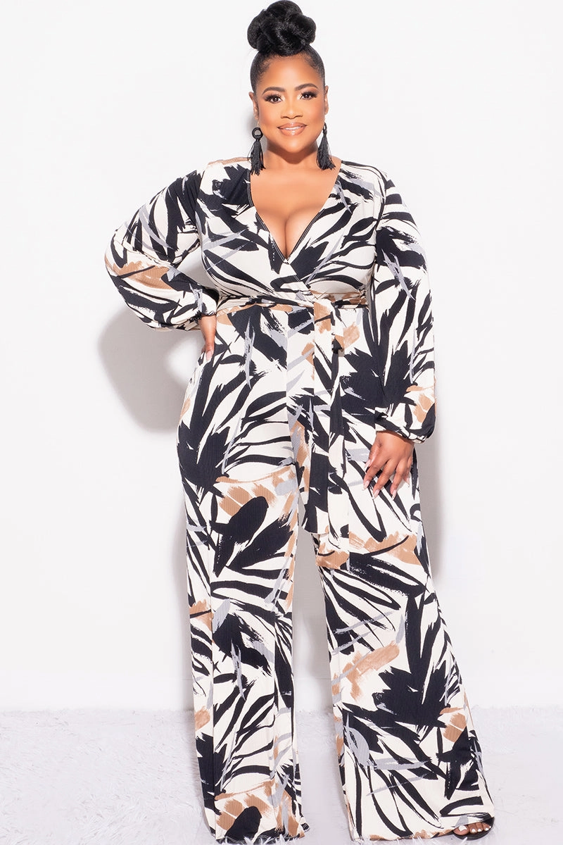 No Gap Waist Final Sale Plus Size Ribbed Faux Wrap Tie Jumpsuit in Black Brown and Tan Design Print