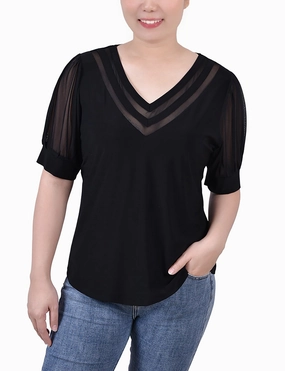 Petite Short Puff Sleeve V Neck Top AntiPilling Finish ButterSoftTexture
