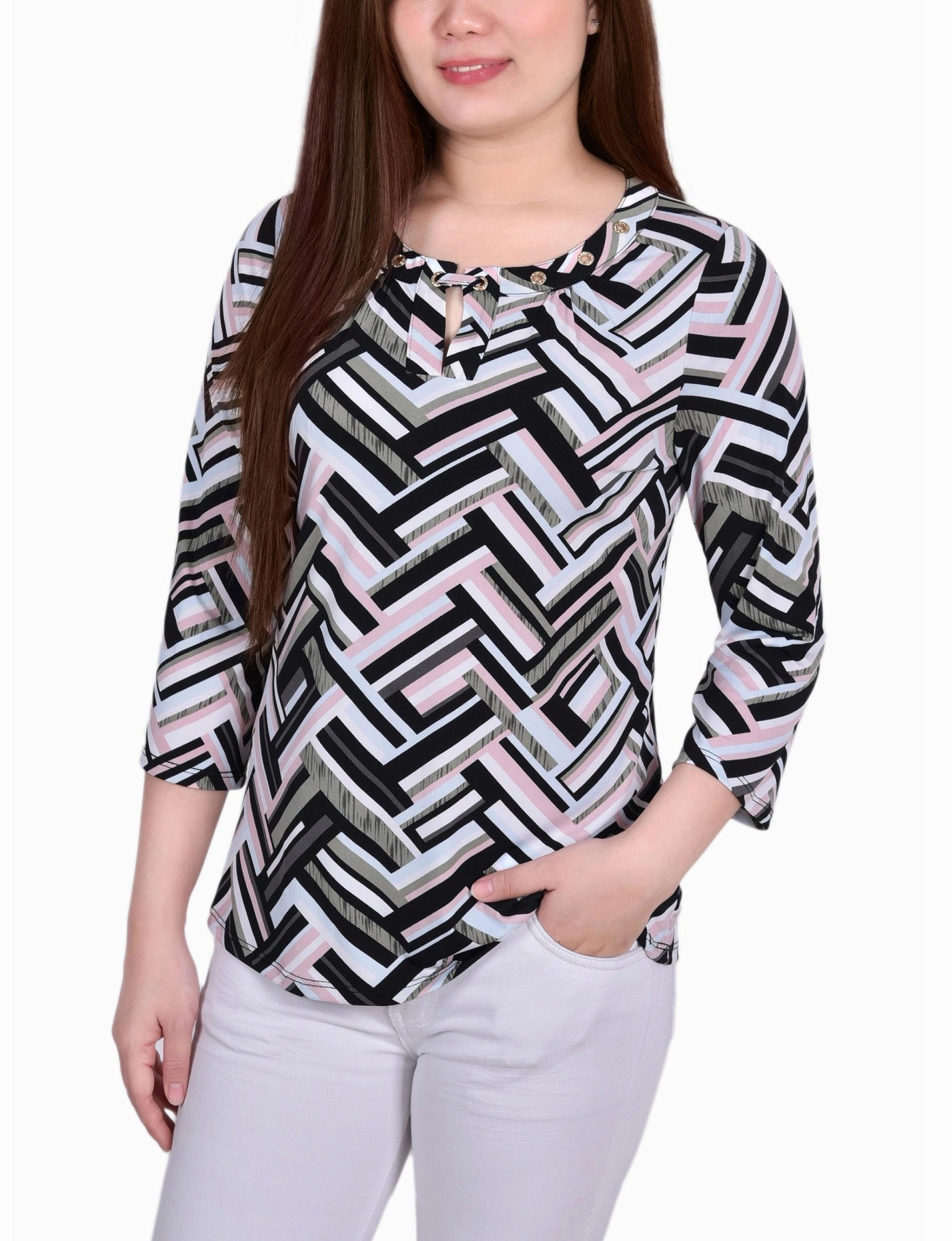 Sporty Blouse Simple Shirt 3/4 Sleeve Grommet Top