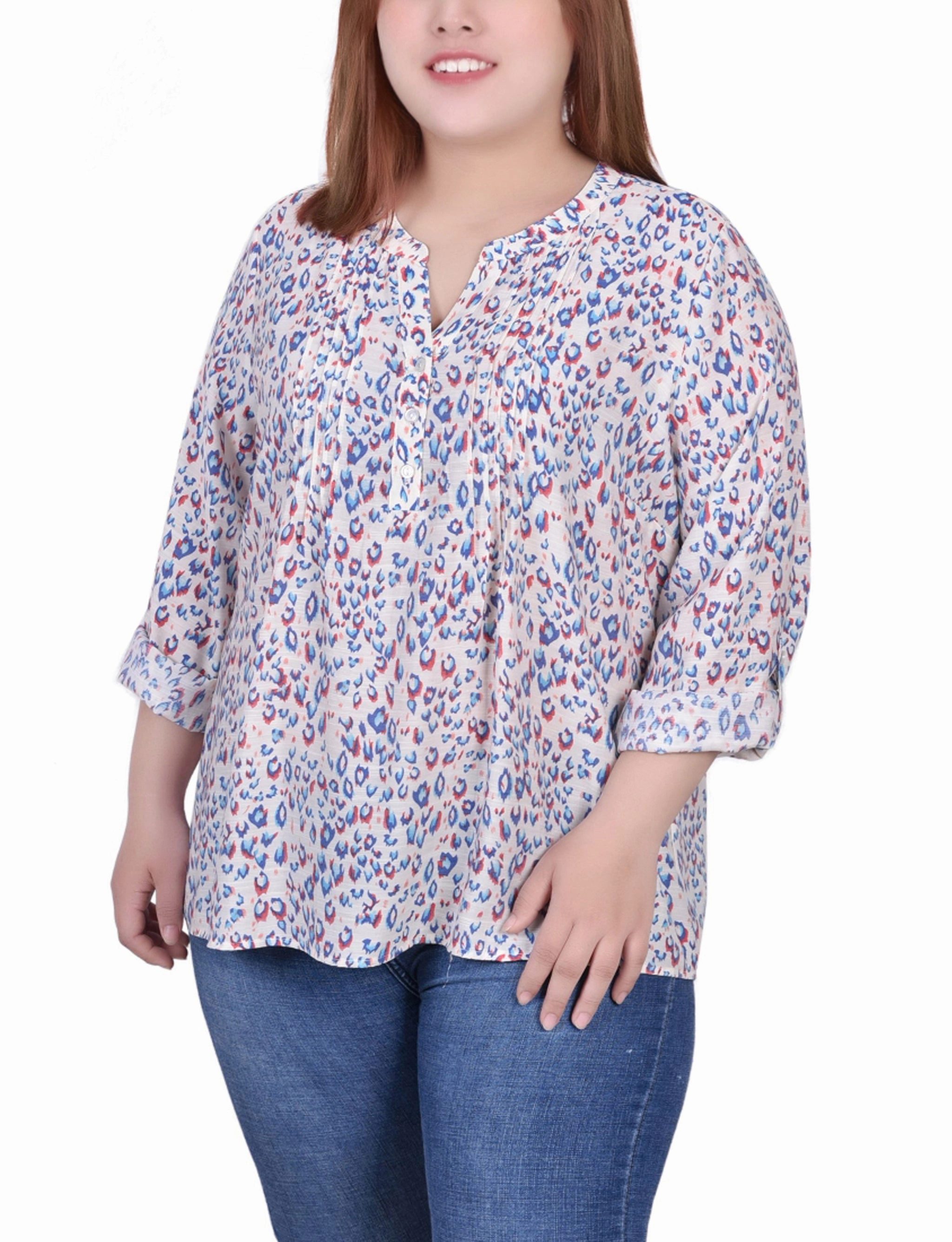 Plus Size 3/4 Roll Tab Sleeve Blouse Curved Hem