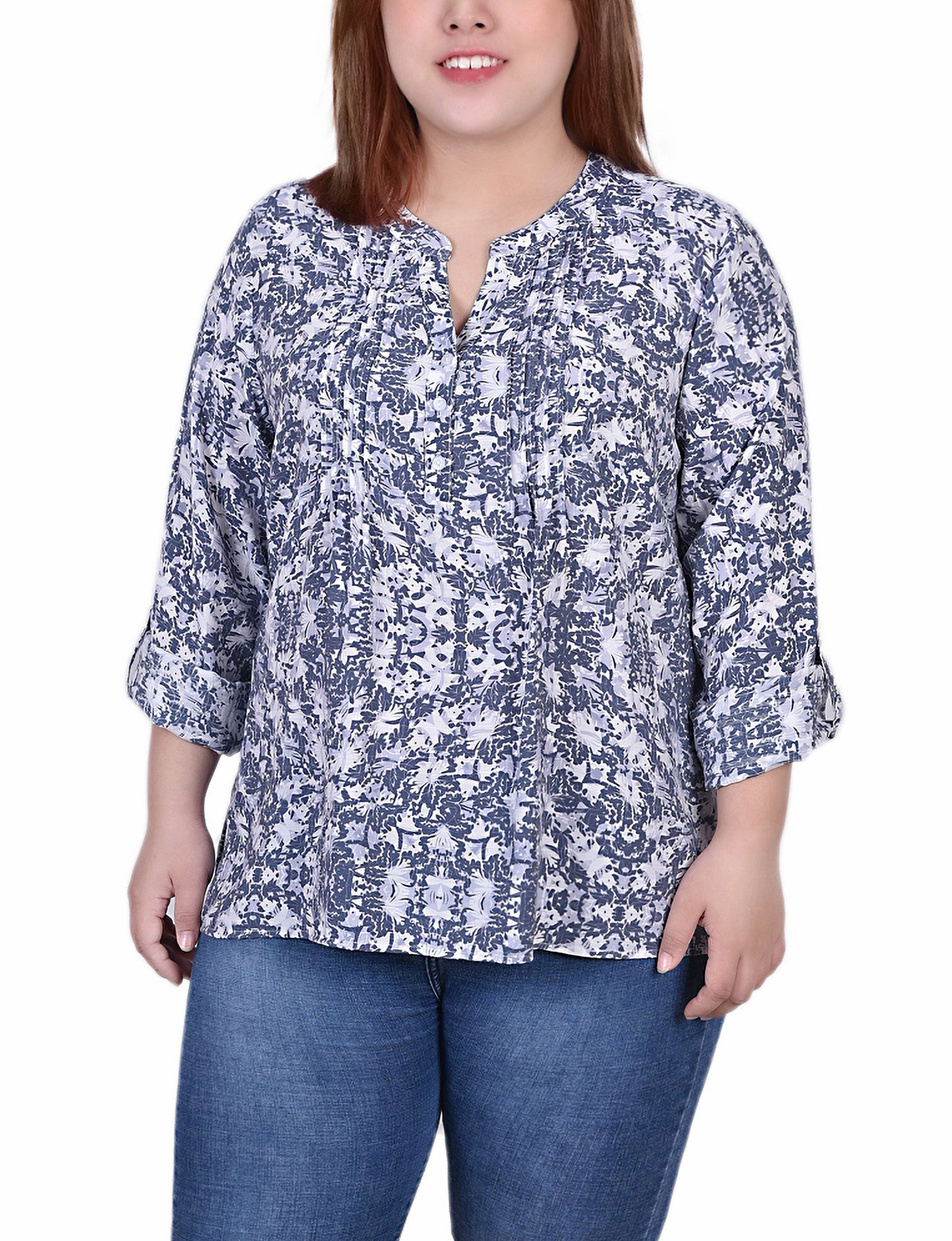 Convertible Style Plus Size 3/4 Roll Tab Sleeve Blouse