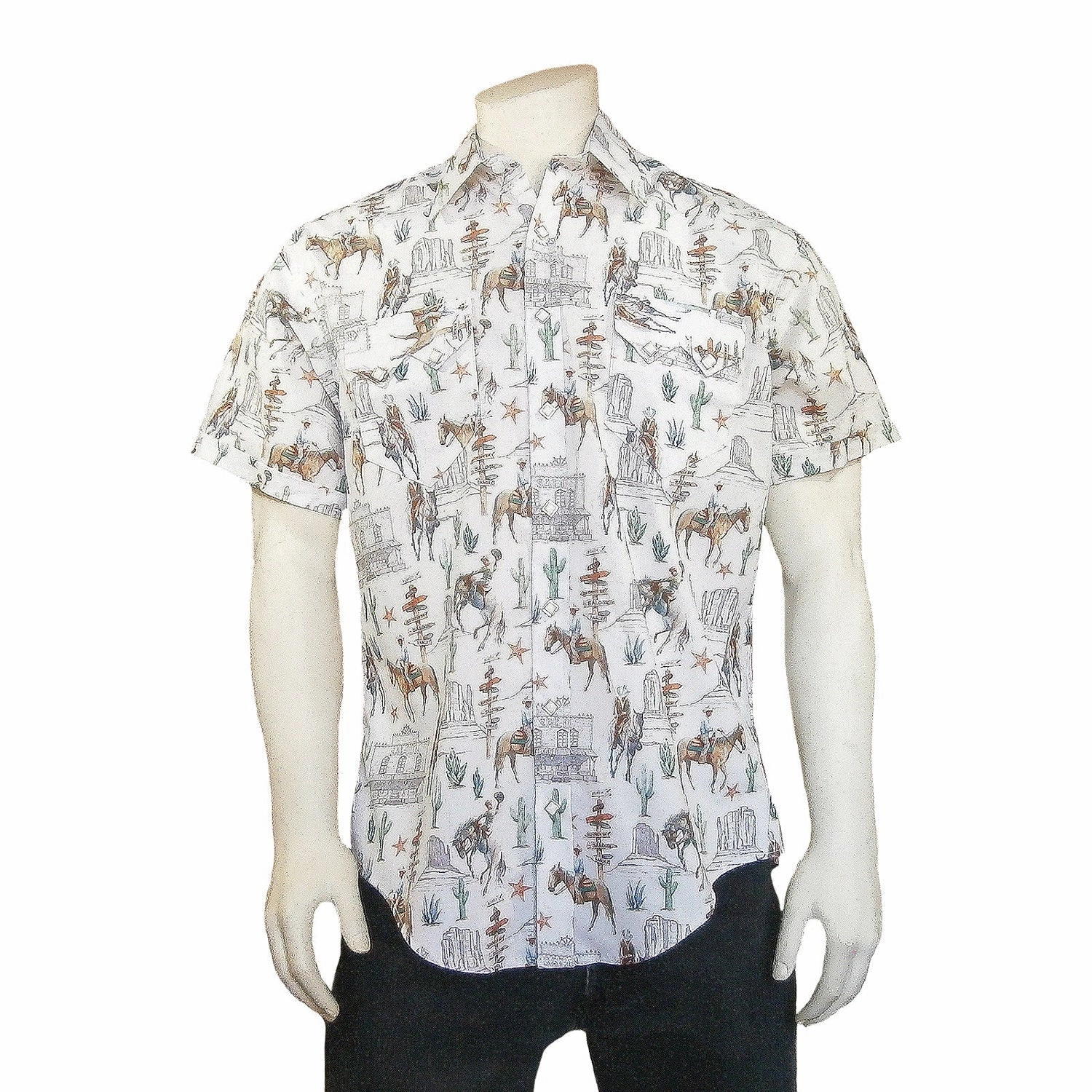 Rockmount Mens White 100% Cotton Cactus and Cowboys S/S Shirt Trendy Outfit