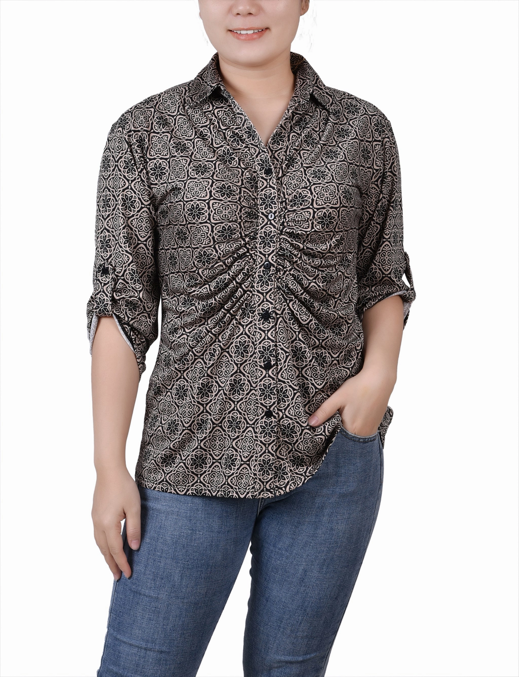 3/4 Roll Tab Rouched-Front Top Resilient Elasticity