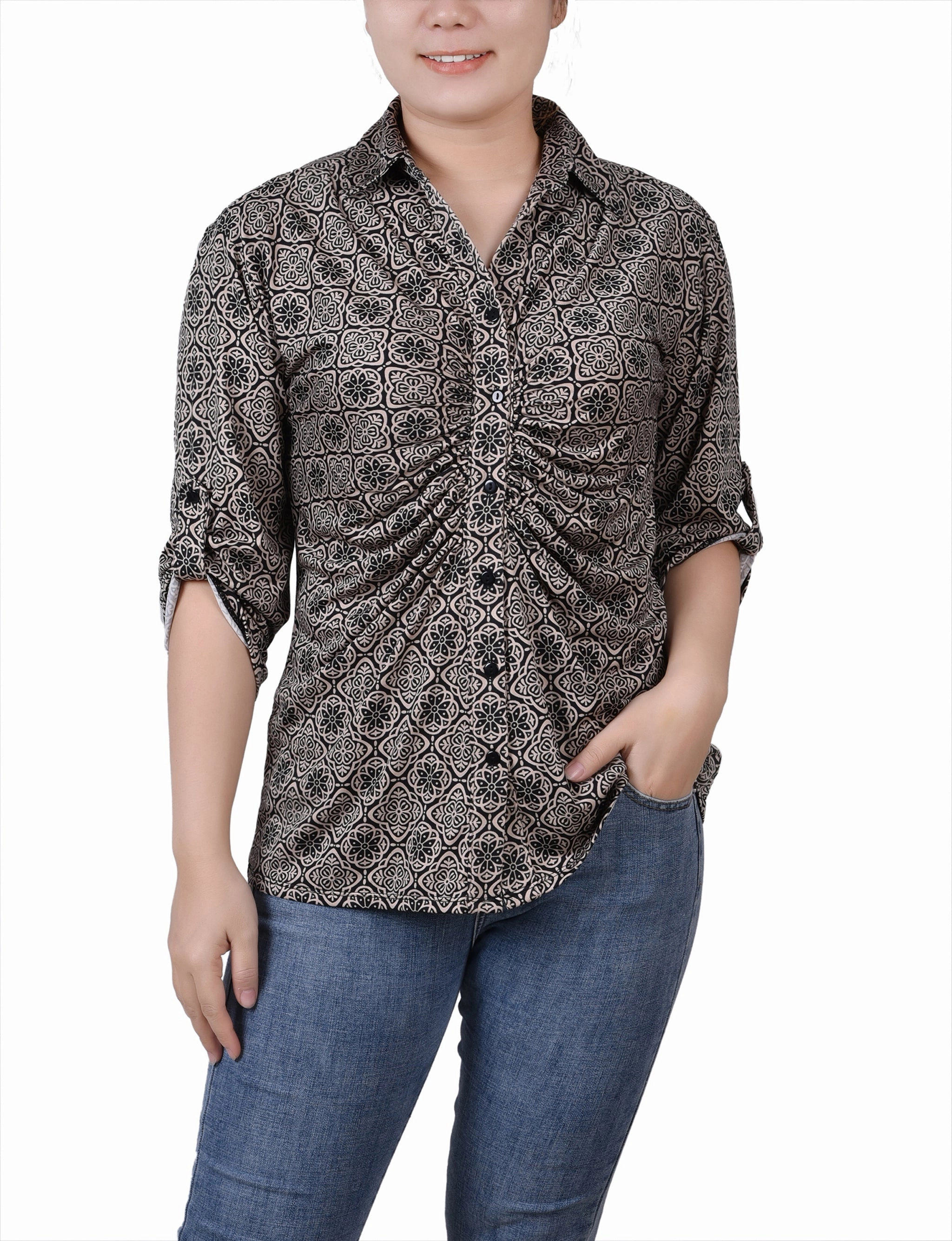 Hypoallergenic Lining Compact Jacquard Weave 3/4 Roll Tab Rouched-Front Top