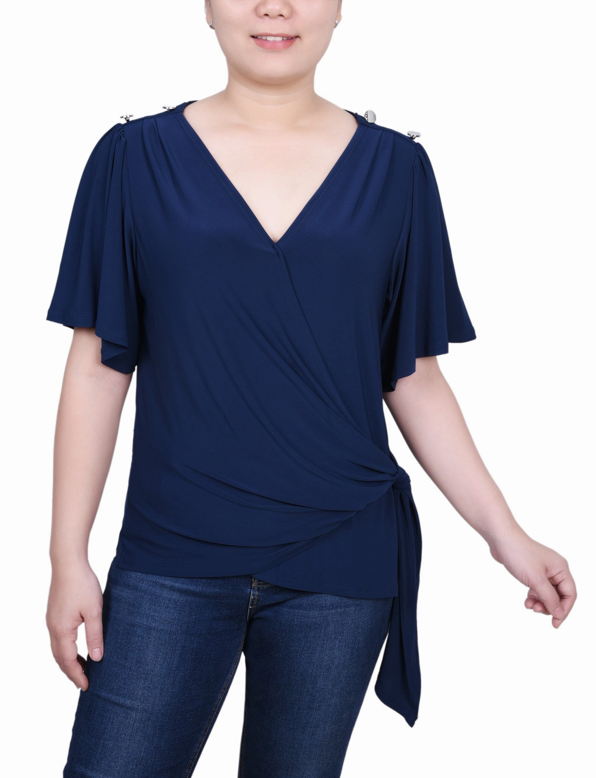 Non Closure Collar Short Sleeve Wrap Top