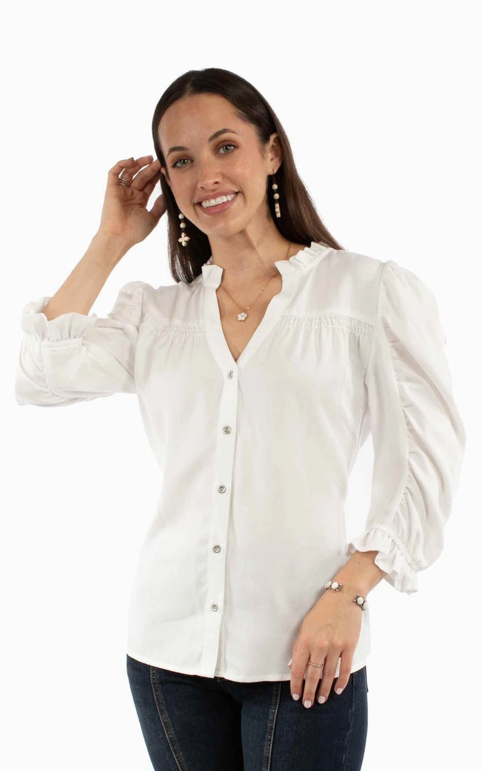 Scully Womens V-neck Ruffle Detail White Lyocell 3/4 Sleeve S/S Blouse Smooth Texture
