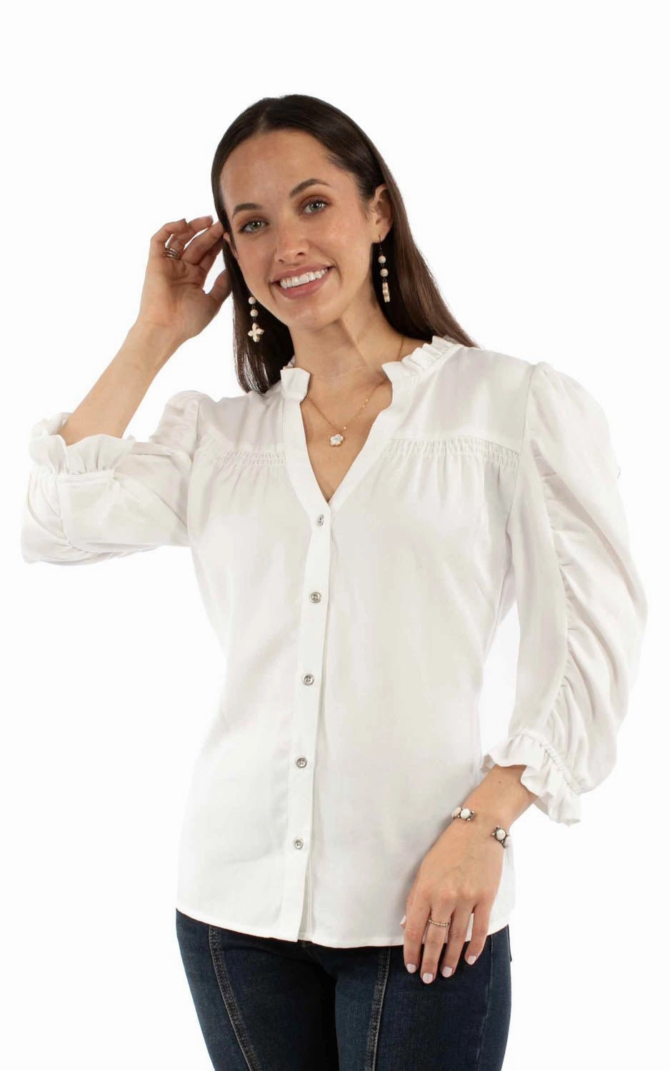 Road Trip Ready Scully Womens V-neck Ruffle Detail White Lyocell 3/4 Sleeve S/S Blouse