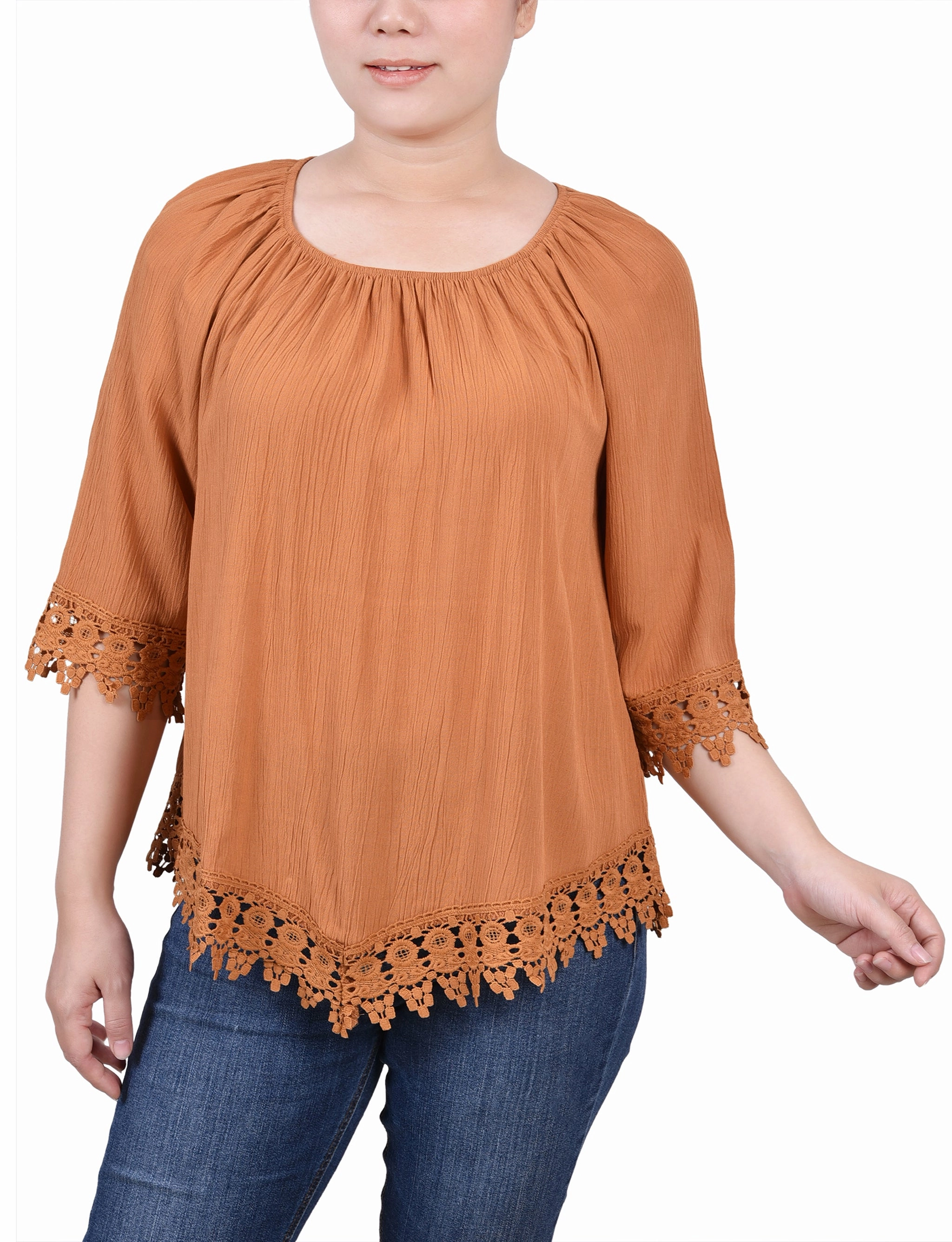 Shape Retention Fabric Oversized Collar Petite 3/4 Sleeve Peasant Blouse