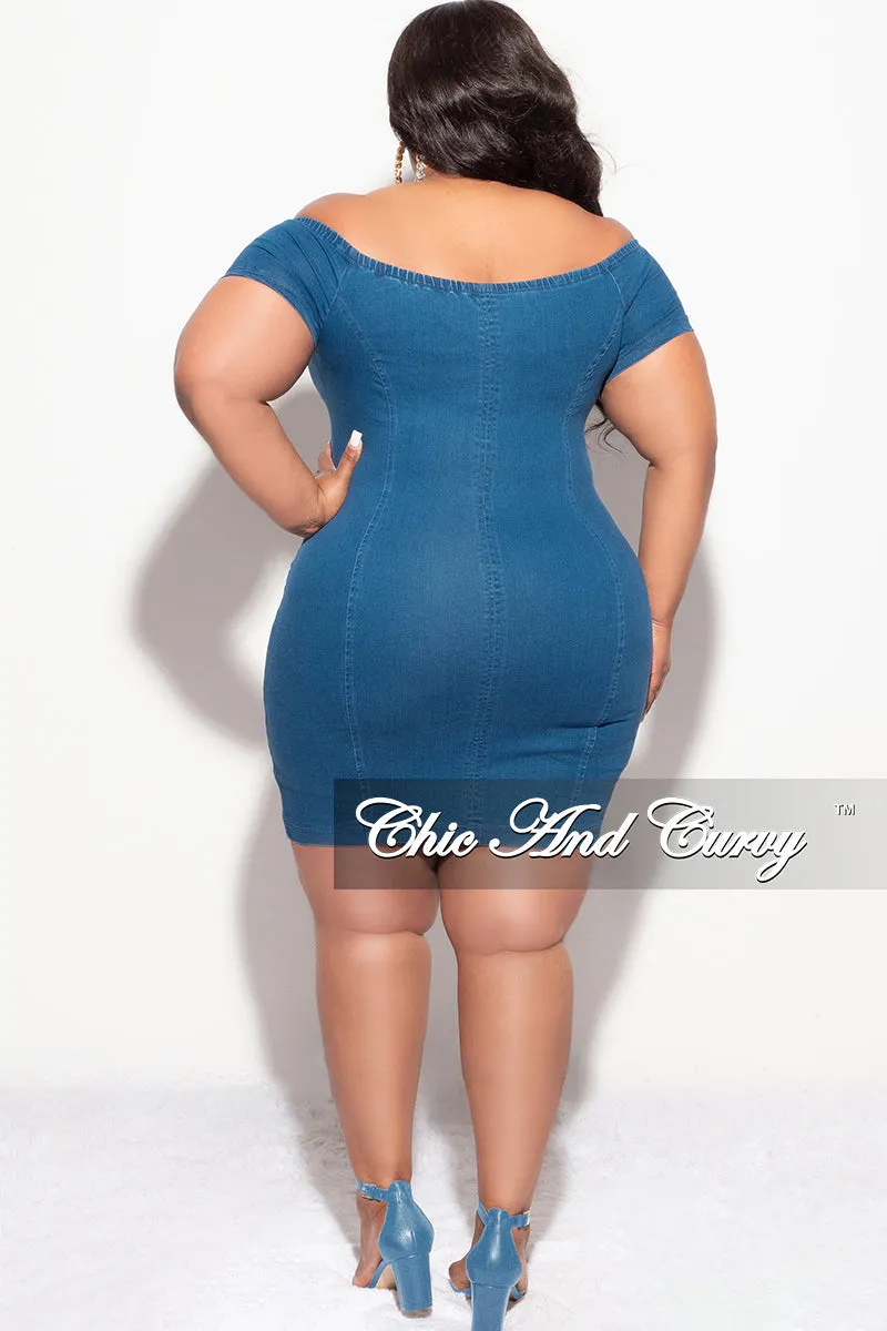 Final Sale Plus Size Off The Shoulder Denim Dress with Front Zipper MoistureWickingLining Lightweight Flex