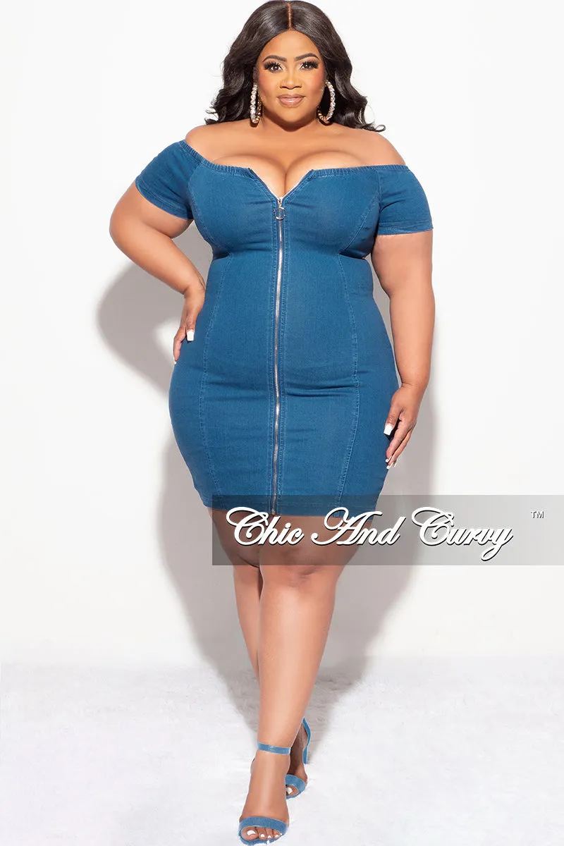 Final Sale Plus Size Off The Shoulder Denim Dress with Front Zipper Flexible Motion