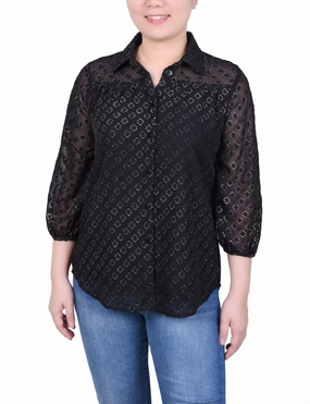 MeshVentilation 3/4 Sleeve Foiled Jacquard Chiffon Blouse