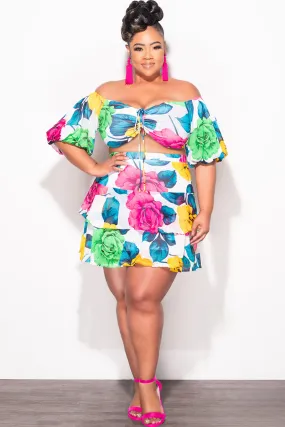 Curved Waistline HiddenPockets Final Sale Plus Size 2pc Drawstring Ruched Crop Top and Ruffle Skirt Set in Floral White Multi Color Rose Print