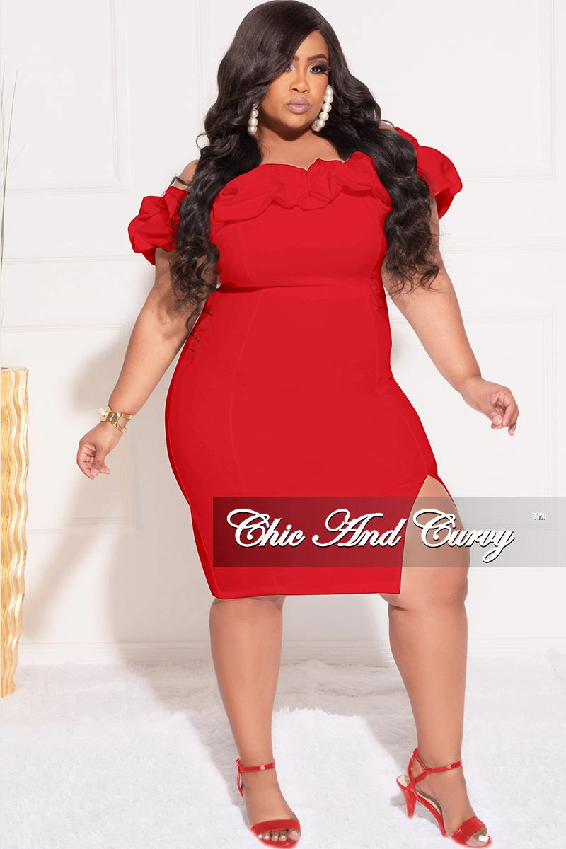 CroppedLength FrictionResistant Fabric Final Sale Plus Size Off the Shoulder Ruffle BodyCon Dress with Side Slit in Red
