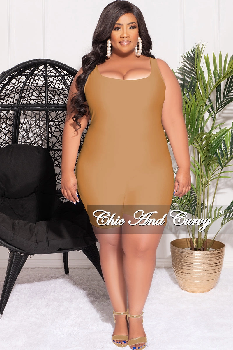 Final Sale Plus Size Sleeveless Spandex Romper in Tan Flexible Gusset Frayed hem