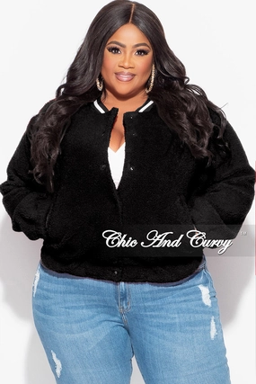 Final Sale Plus Size Teddy Bear Varsity Jacket in Black Body Sculpting Wrinkle Free Fabric