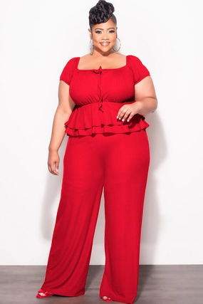 Final Sale Plus Size 2pc Ribbed Peplum Top and Pants Set in Red Tagless Labeling