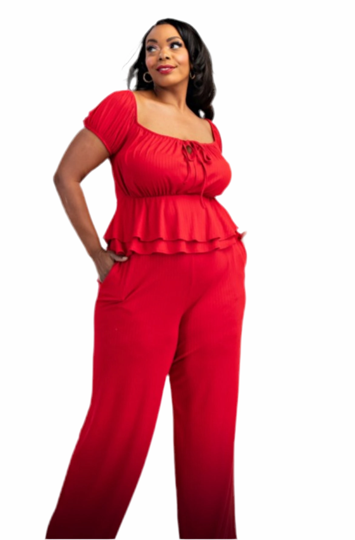 Smart Utility Final Sale Plus Size 2pc Ribbed Peplum Top and Pants Set in Red