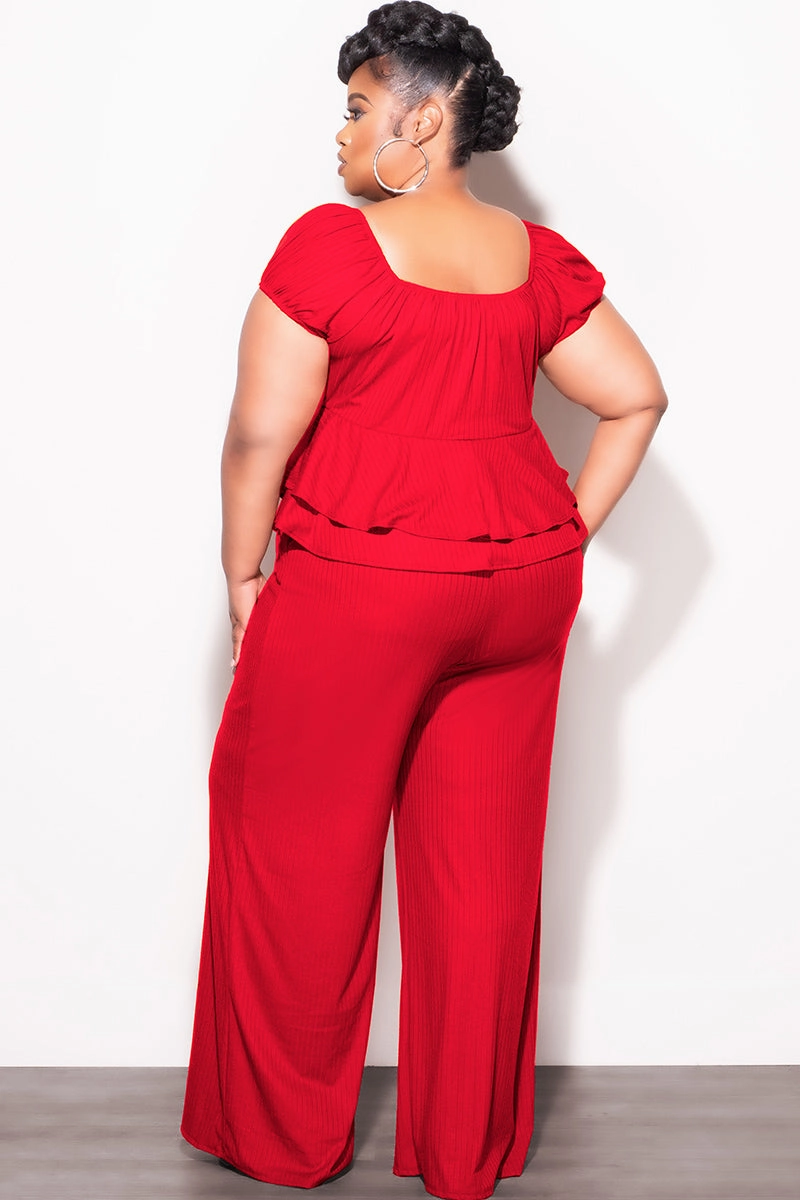 Final Sale Plus Size 2pc Ribbed Peplum Top and Pants Set in Red All Day Wear Comfort Timeless Fit