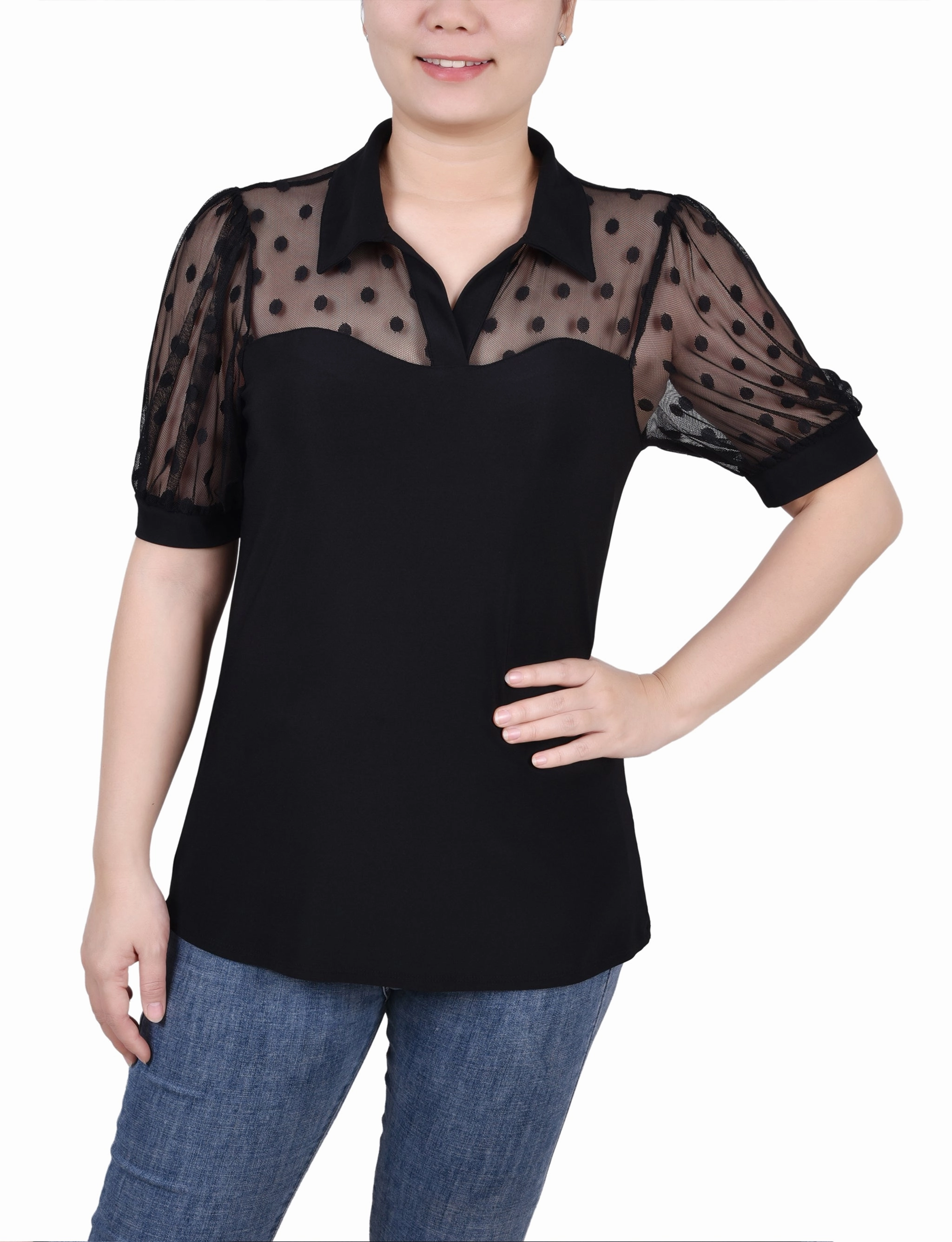 Petite Short Sleeve Top With Dotted Mesh VNeckline StretchTechnology