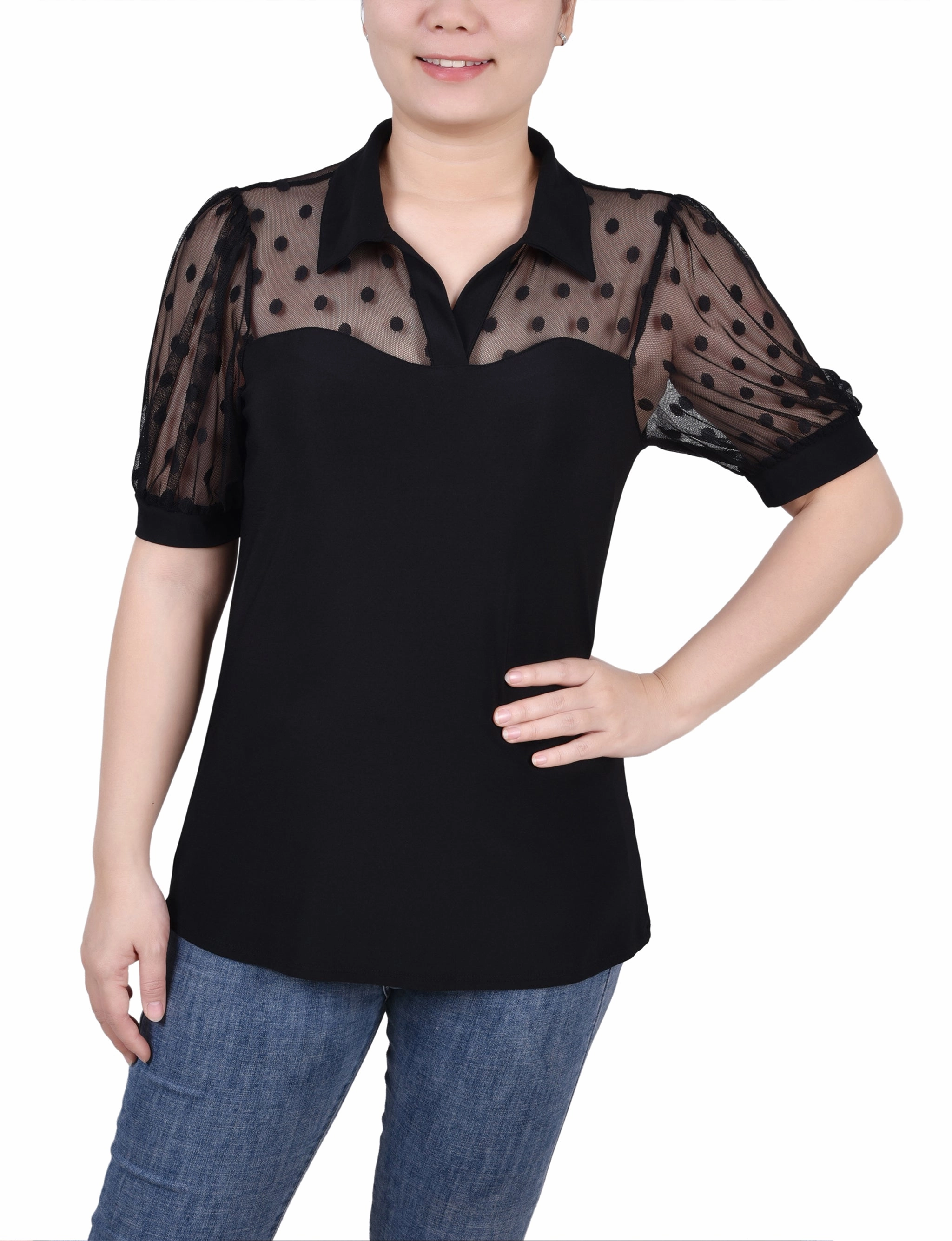 Petite Short Sleeve Top With Dotted Mesh AbrasionResistant Finish