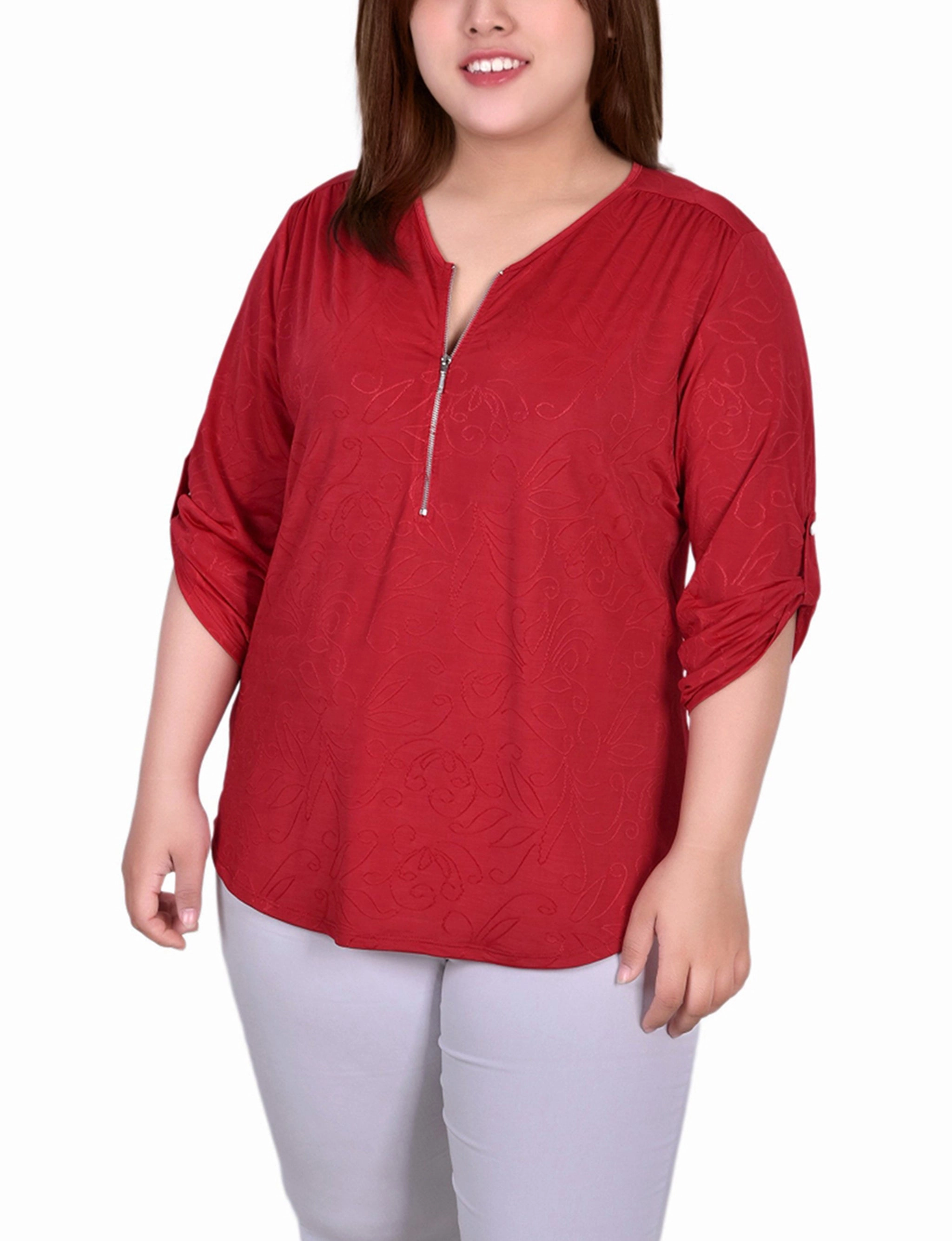HighDurabilityWeave Plus Size 3/4 Roll Tab Zip Front Jacquard Knit Top