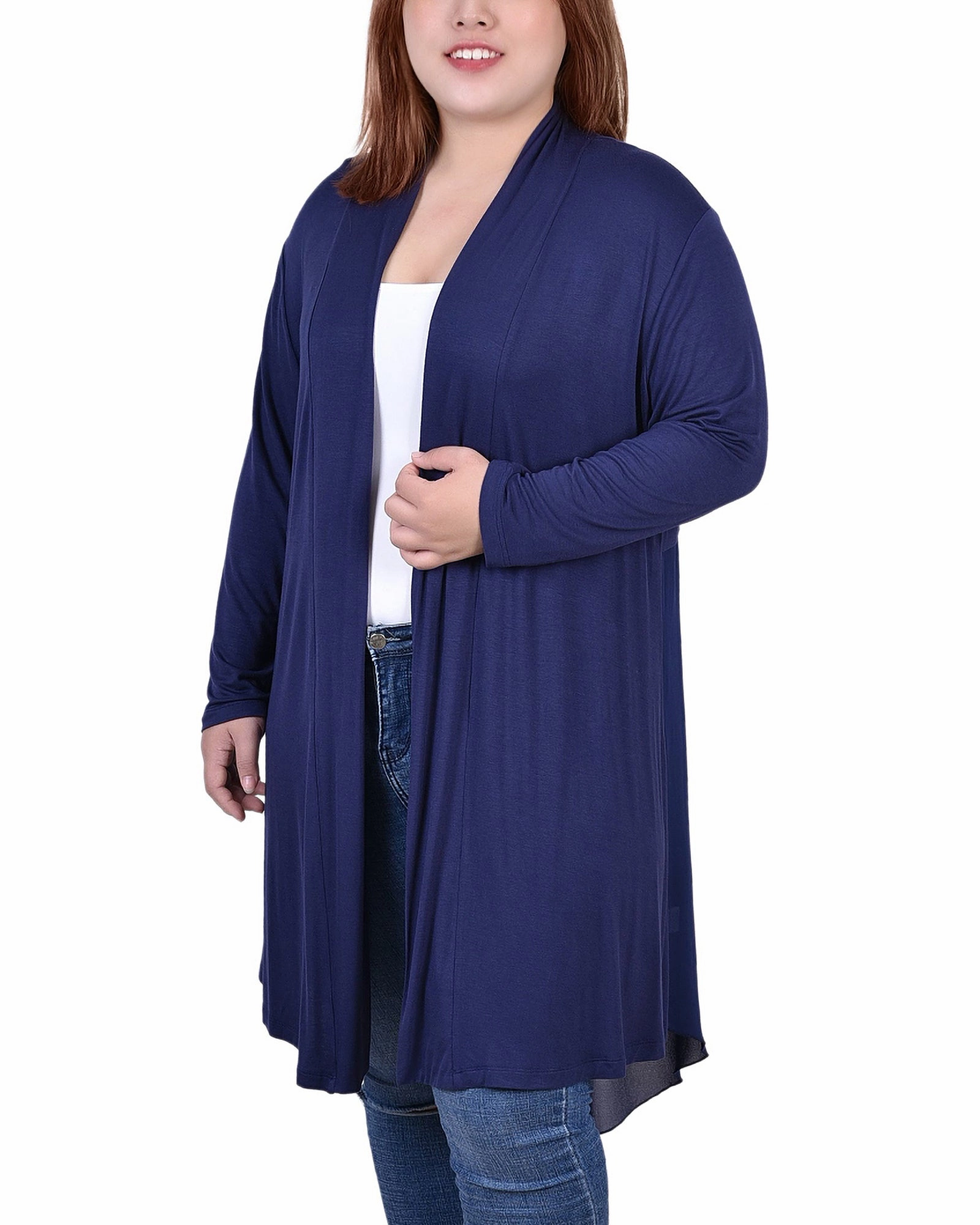 Plus Size Long Sleeve Knit Cardigan with Chiffon Back Comfy Layer