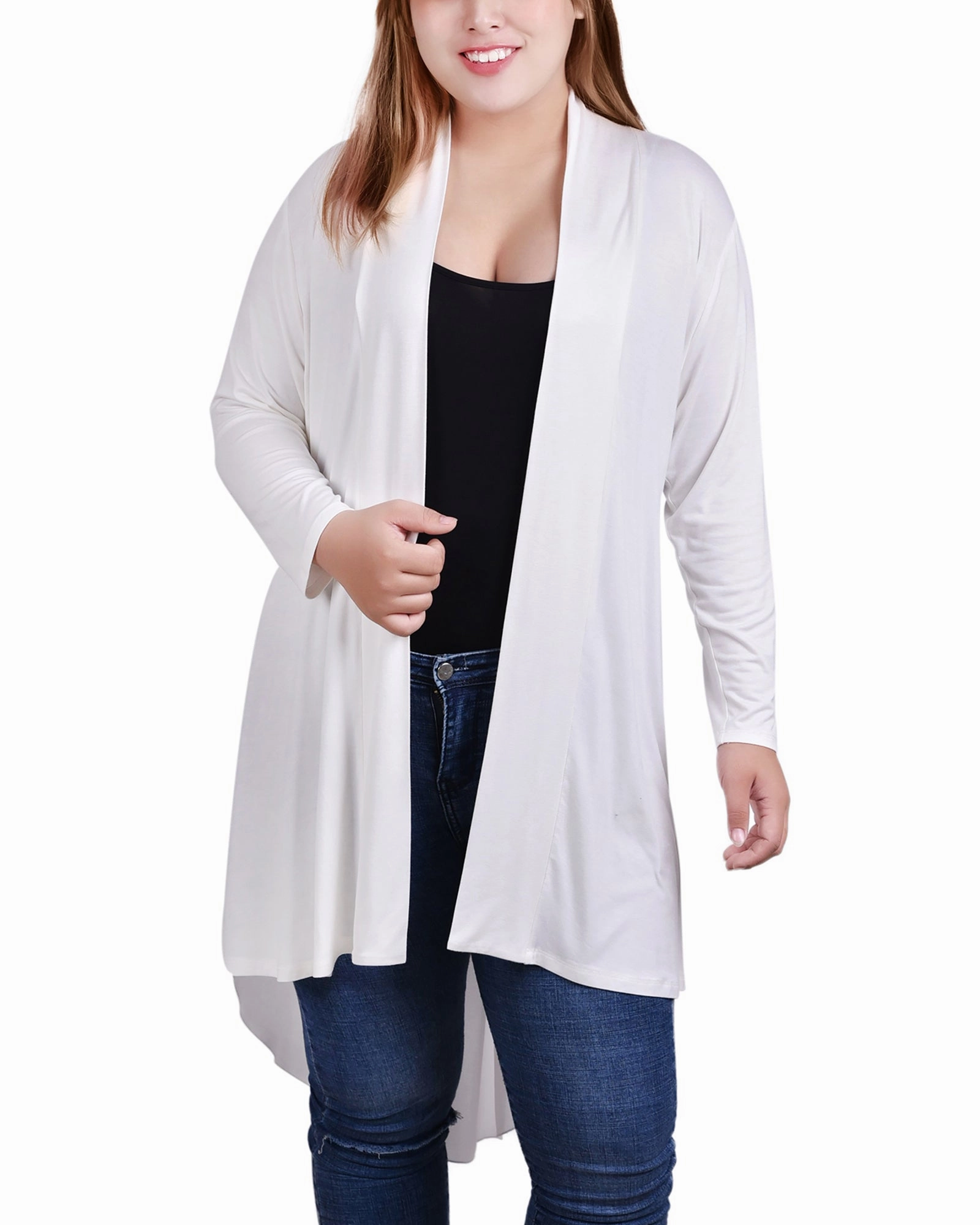 Tagless Comfort Collar Plus Size Long Sleeve Knit Cardigan with Chiffon Back