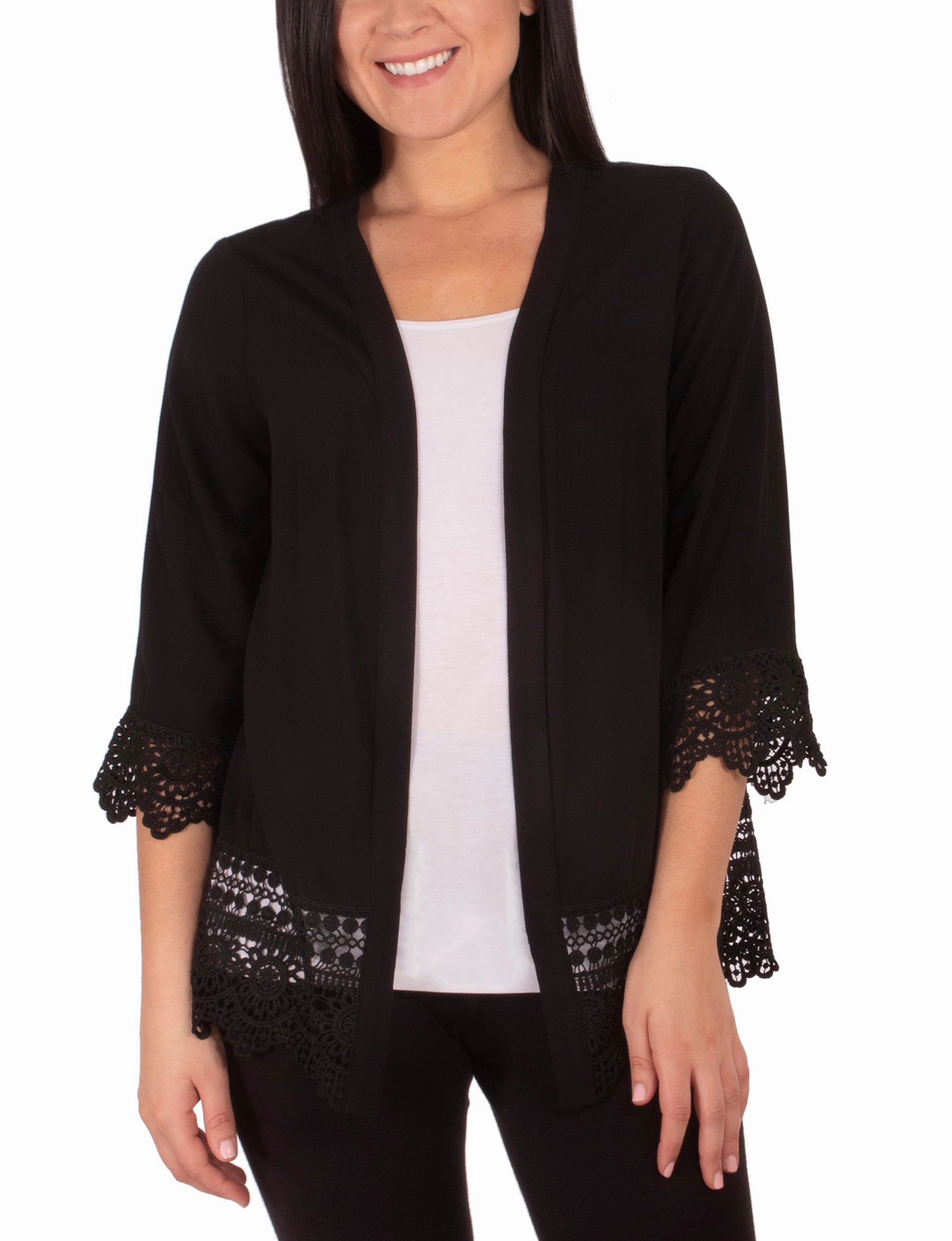 ReinforcedArmholes Brushed Microfiber Surface Long Cardigan With Crochet-Trimmed Cuffs And Hem