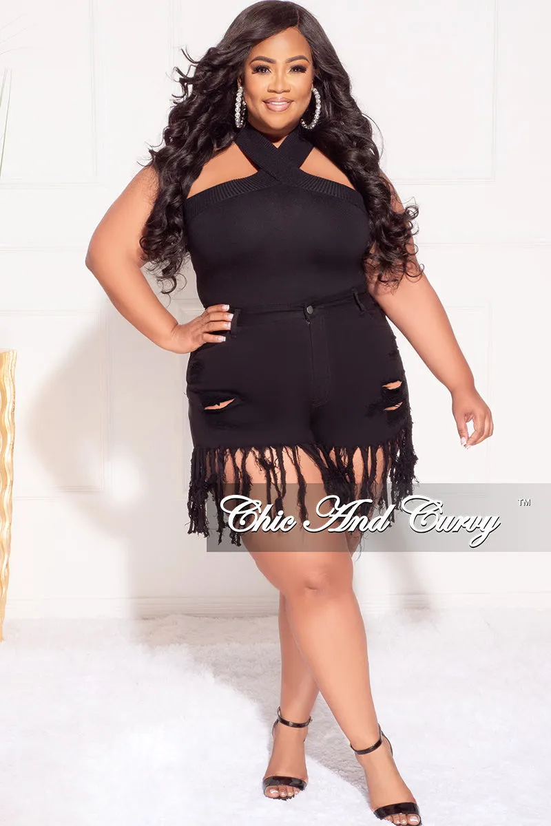Final Sale Plus Size Criss-Cross Halter Bodysuit in Black Form Fitting