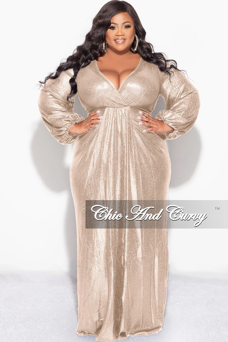 Final Sale Plus Size Faux Wrap Gown with Pleated Waist & Balloon Sleeves in Gold Metallic Lux Fabric Party fun