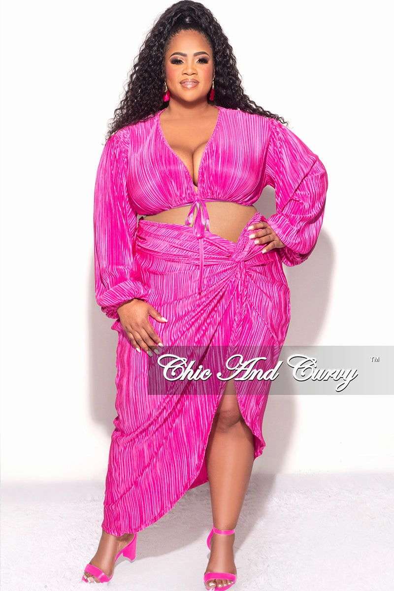 Practical Style Final Sale Plus Size 2pc Pleated Crop Tie Top & Wrap Skirt Set in Fuchsia