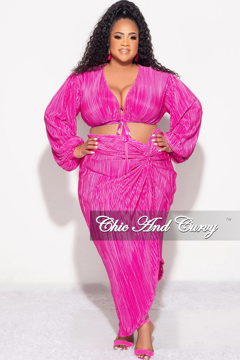 Final Sale Plus Size 2pc Pleated Crop Tie Top & Wrap Skirt Set in Fuchsia DurablePolyester Body-Hugging Fit