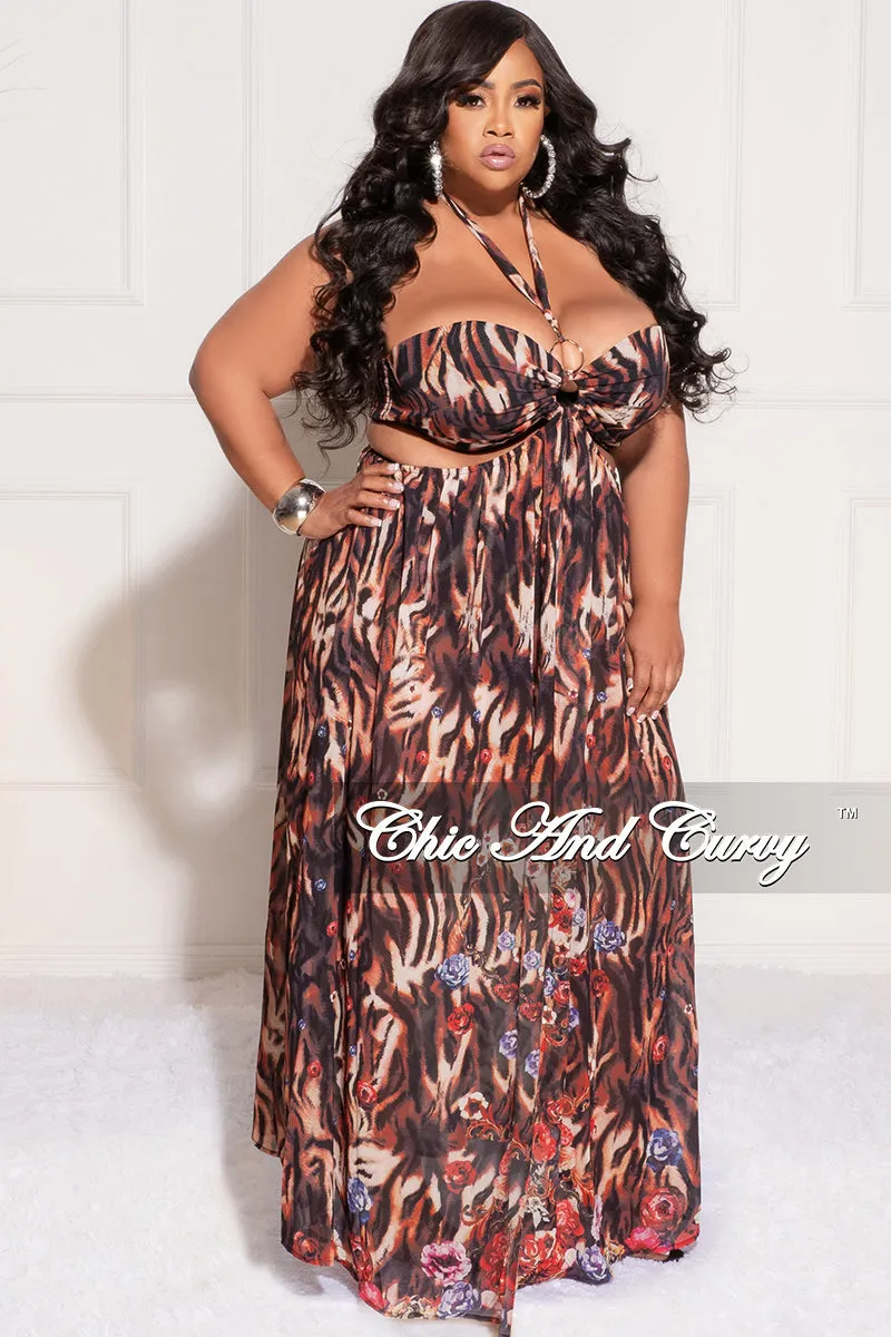 Thermal Lining Final Sale Plus Size Chiffon Halter Playsuit with Open Back & Train in Animal Print
