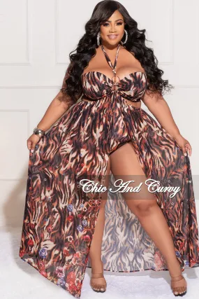 elastic waistband Final Sale Plus Size Chiffon Halter Playsuit with Open Back & Train in Animal Print