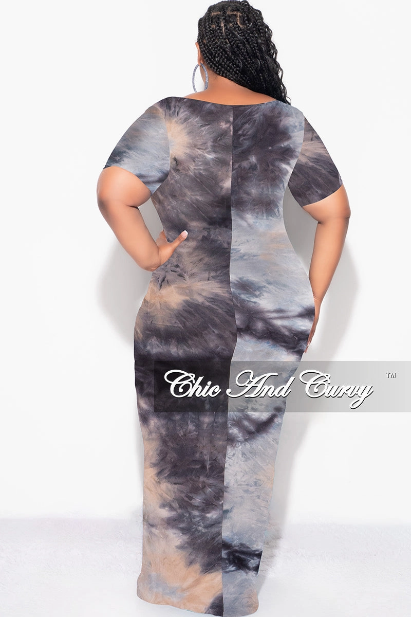 Durable Fit Final Sale Plus Size Short Sleeve Deep Scoop Neck Maxi Dress in Grey, Black and Tan Tie Dye Print