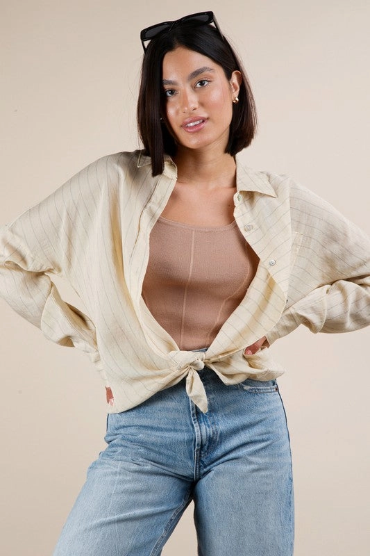 Olivia Oversized Striped Button Down Shirt Top ReinforcedEdges StretchTechnology