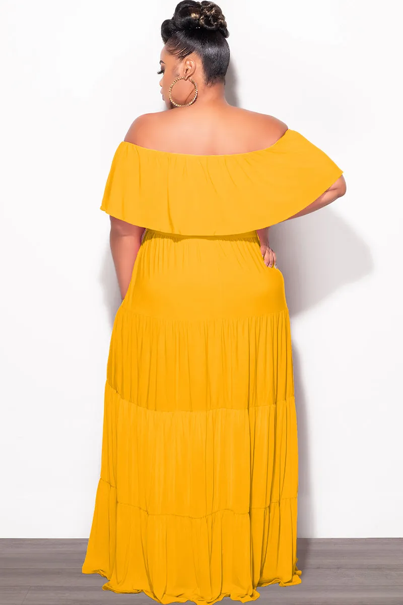 Layer-Friendly Casual Performance Final Sale Plus Size Off The Shoulder Tiered Maxi Dress in Mustard