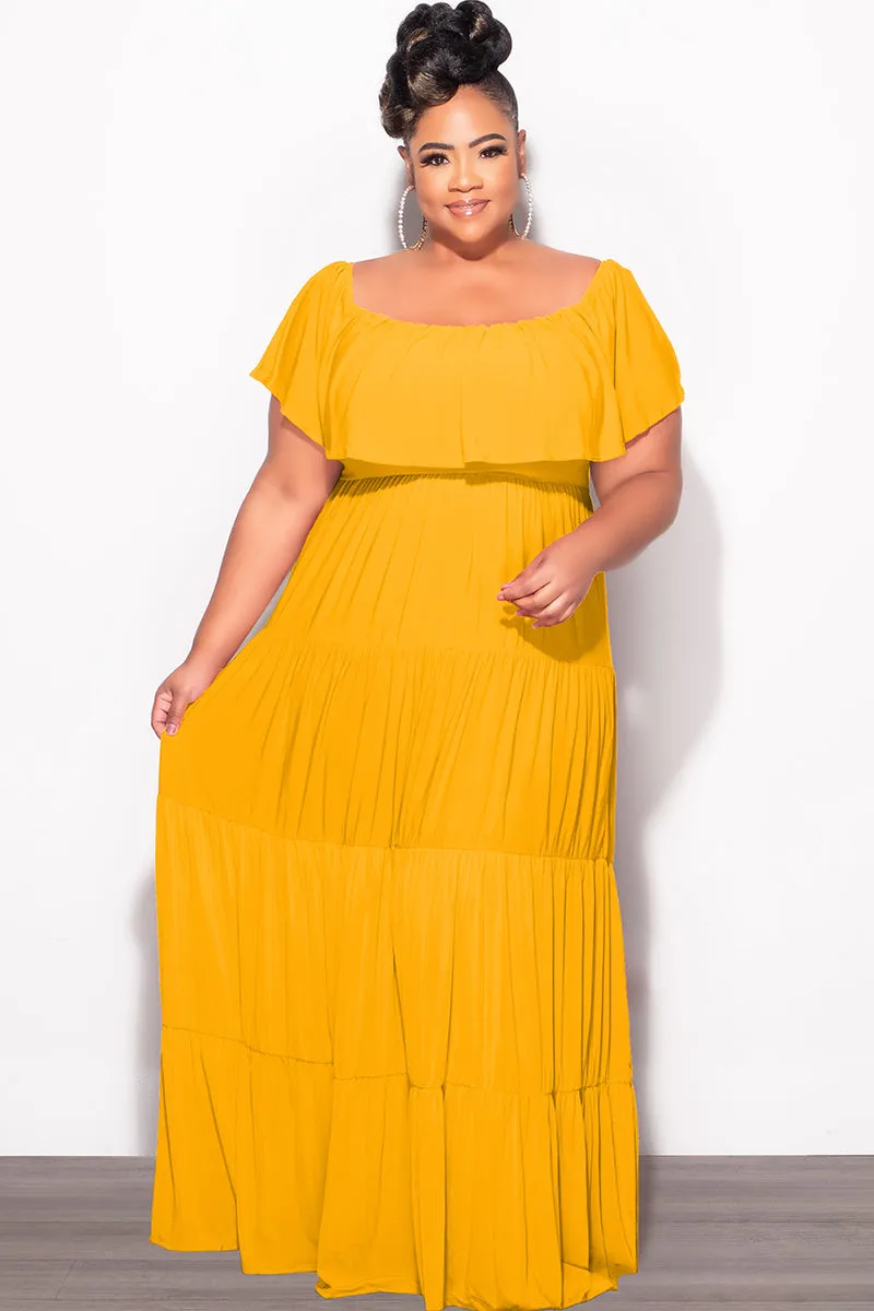 Final Sale Plus Size Off The Shoulder Tiered Maxi Dress in Mustard Adaptable Style Modern Cut