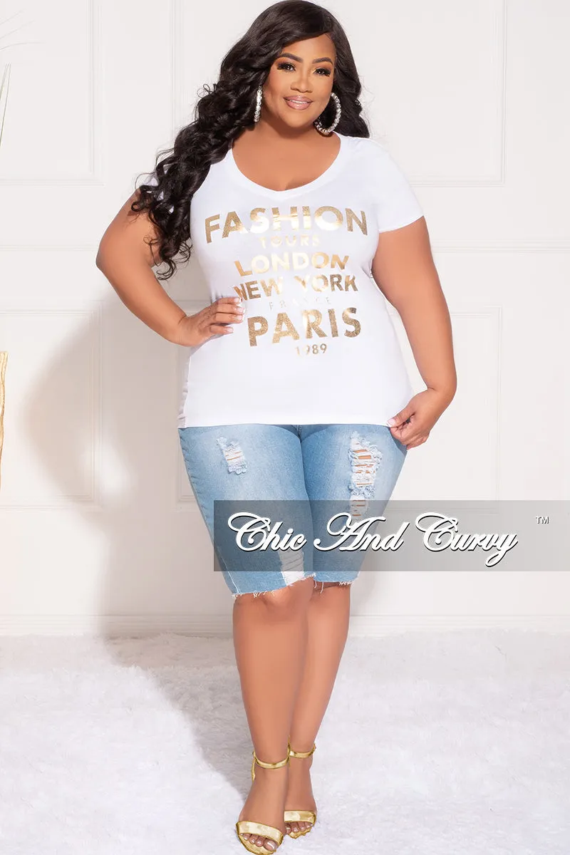 Final Sale Plus Size "Fashion Tour" T-Shirt in White and Gold Weekend Wear