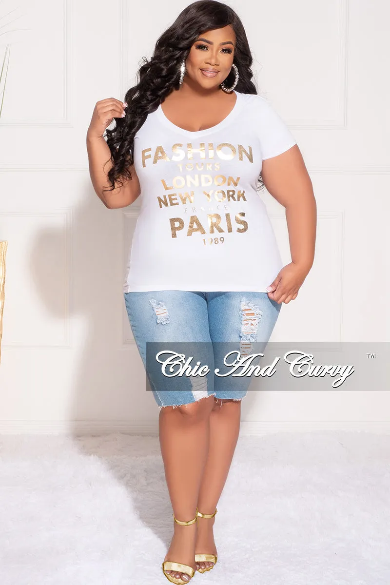 Final Sale Plus Size "Fashion Tour" T-Shirt in White and Gold Light wash SturdyBeltLoops